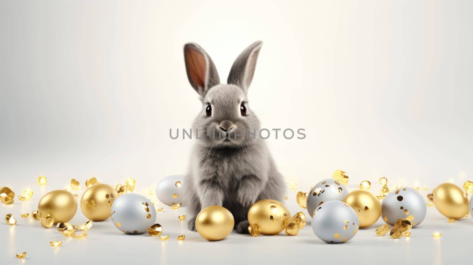 Small gray rabbit sits between shiny gold and silver Easter eggs on white background by JuliaDorian