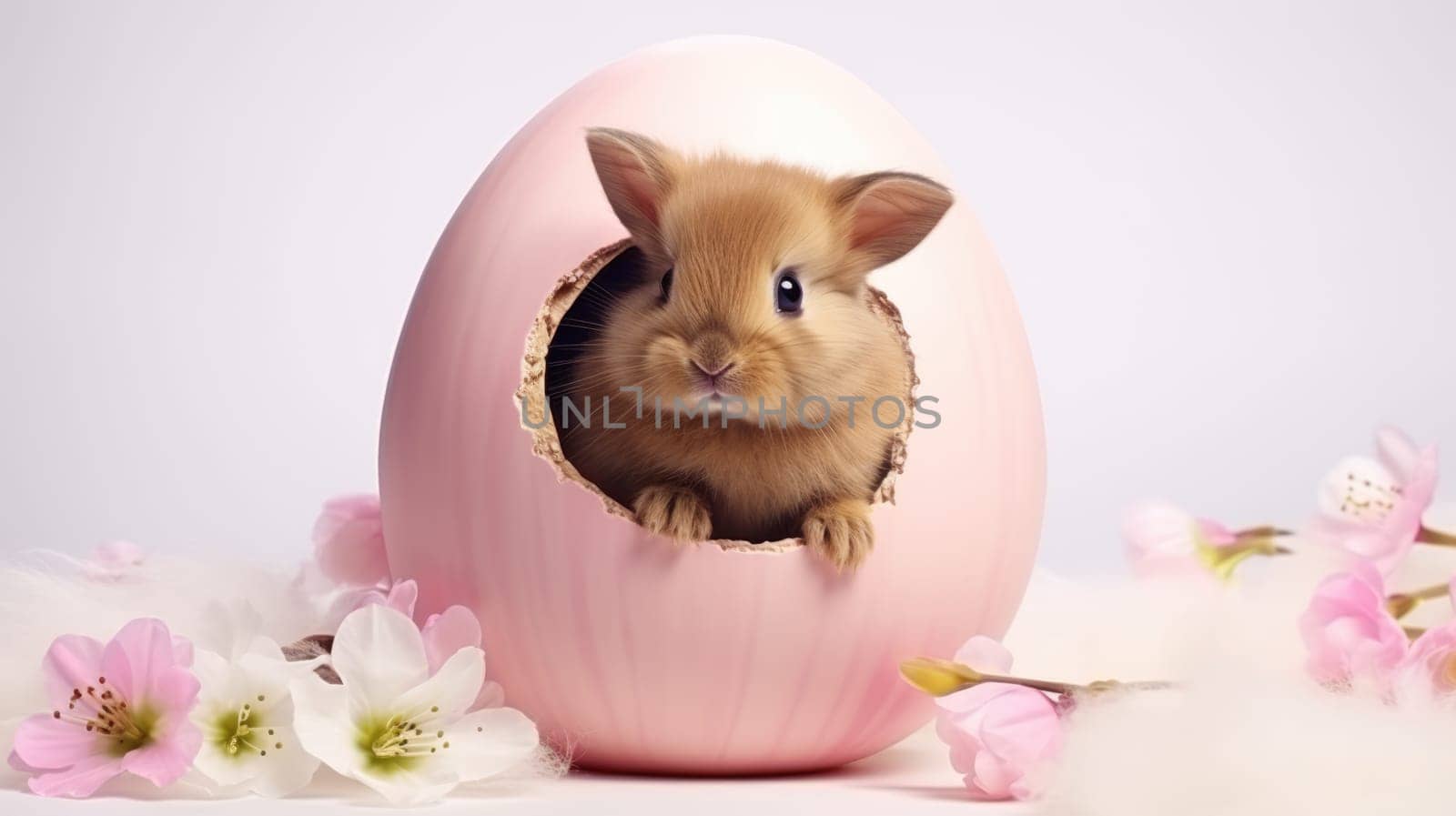 Cute baby rabbit peeking out of a cracked Easter egg on a white background by JuliaDorian