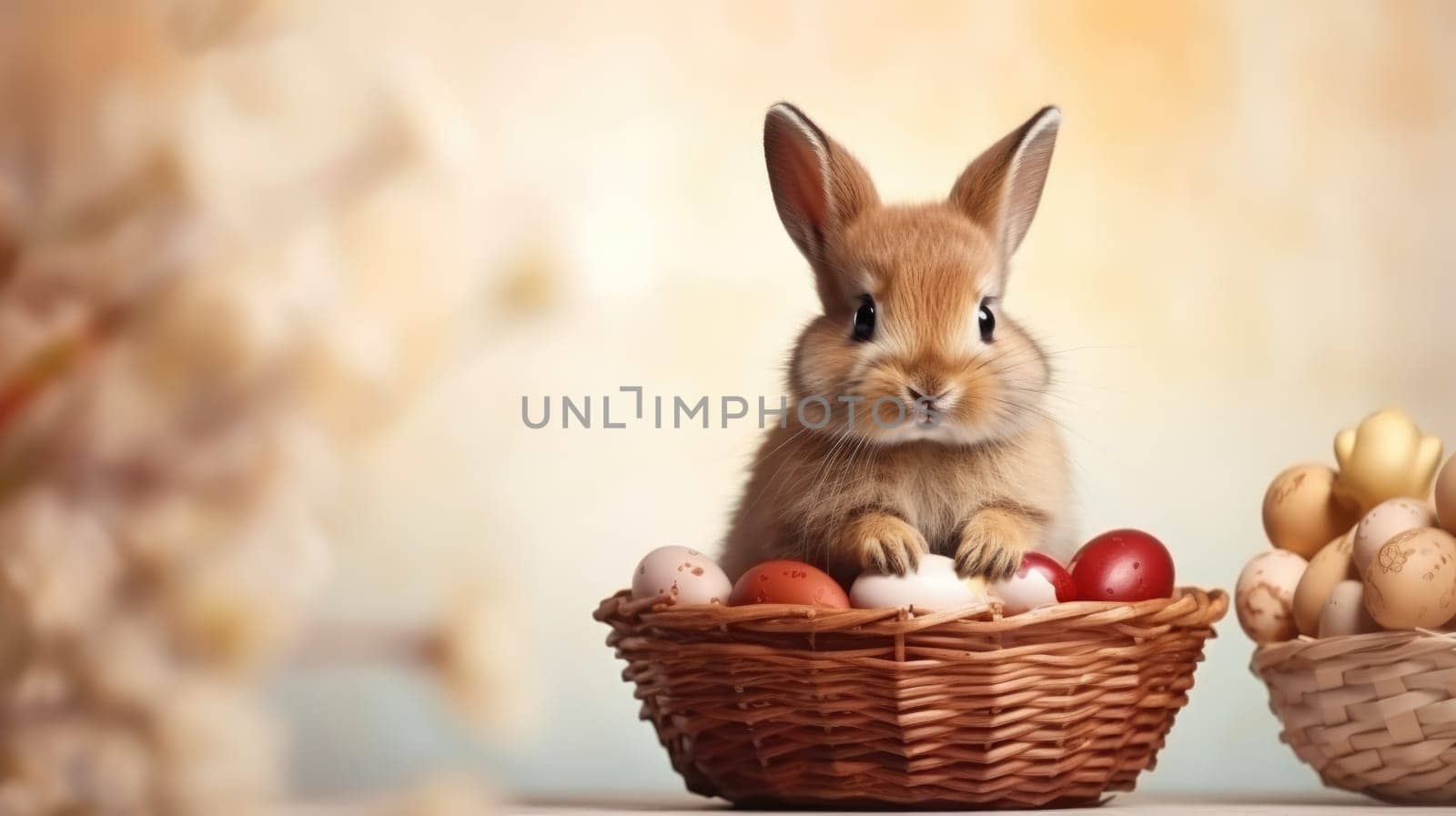 A fluffy white rabbit with long ears in a basket surrounded by Easter eggs on a blue background. Curious expression, vibrant colors. Ideal for Easter or spring projects.