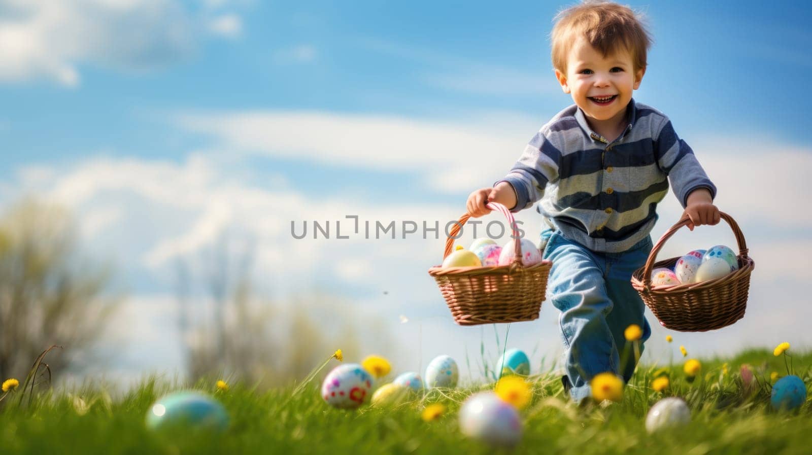 Boy Running with Easter Basket on Green Grass Field with Colorful Eggs.