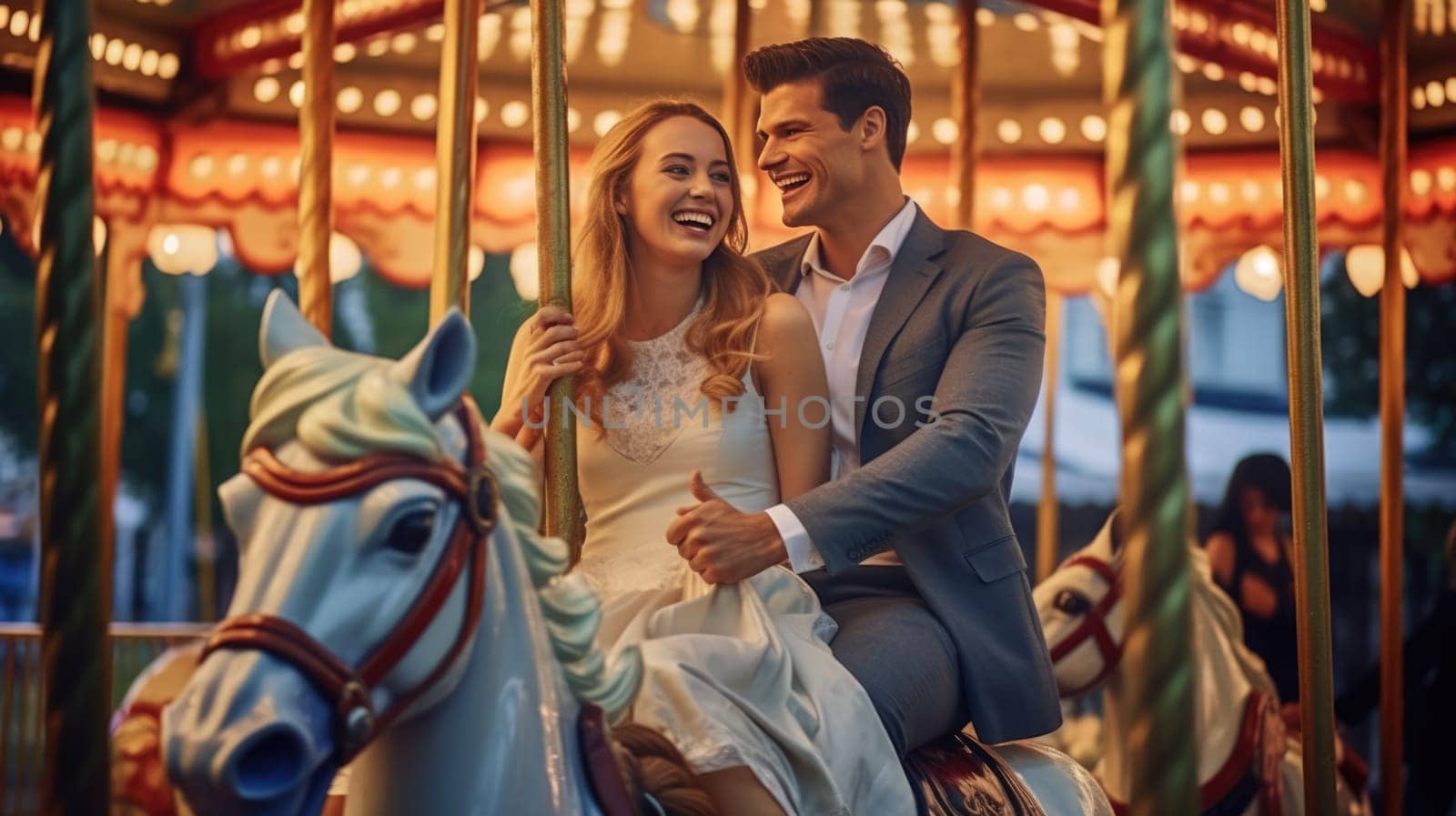 Romantic couple having a delightful time on a vibrant carousel at the amusement park on a sunny day by JuliaDorian