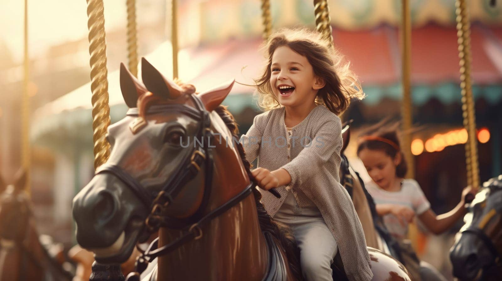 A happy little girl rides a carousel horse at a carnival or fun fair. The carousel is lit up with colorful lights, and the girl is smiling and laughing. Isolated on a blurred background.