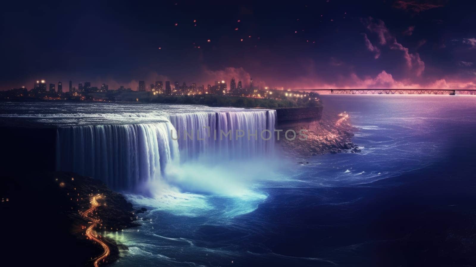 A stunning long exposure shot of Niagara Falls at night, glowing in blue, green, and pink hues. The falls cascade smoothly under a dark sky, with a softly lit bridge in the distance.