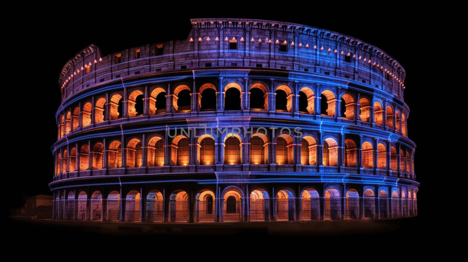 Glowing blue and purple Coliseum at night isolated on black background by JuliaDorian