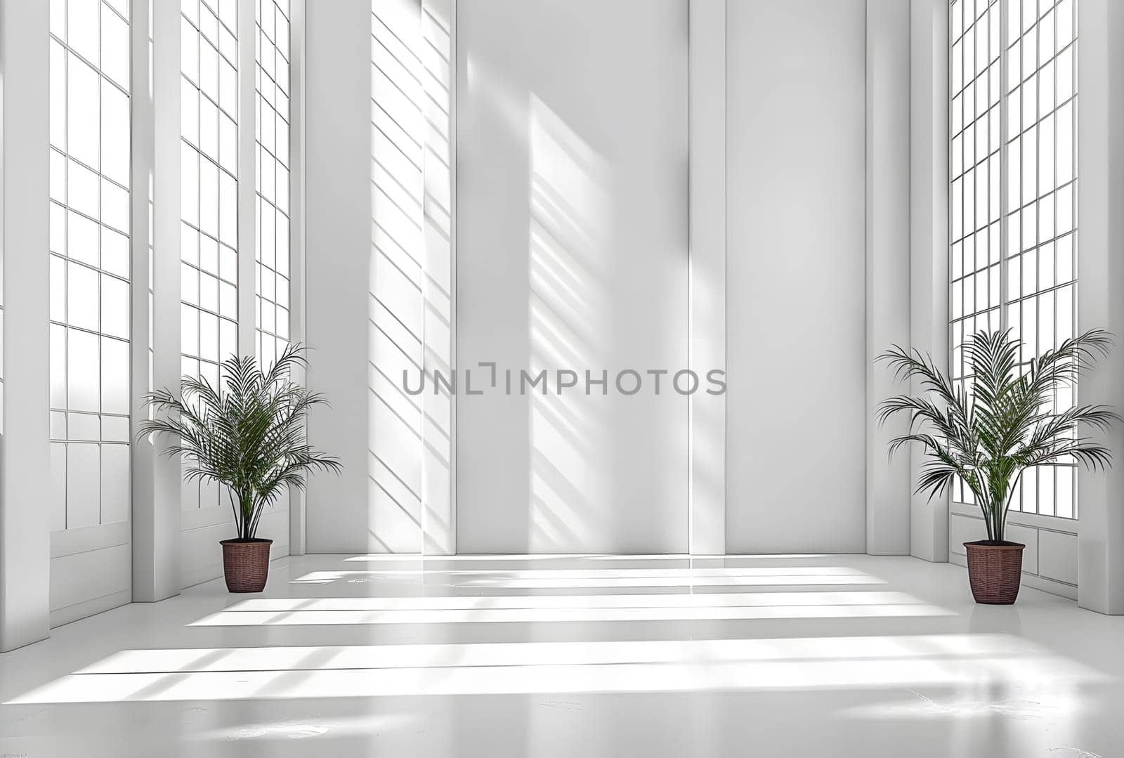 An interior design featuring a white room with two houseplants in flowerpots, wooden flooring, fixtures, and lots of windows for natural light