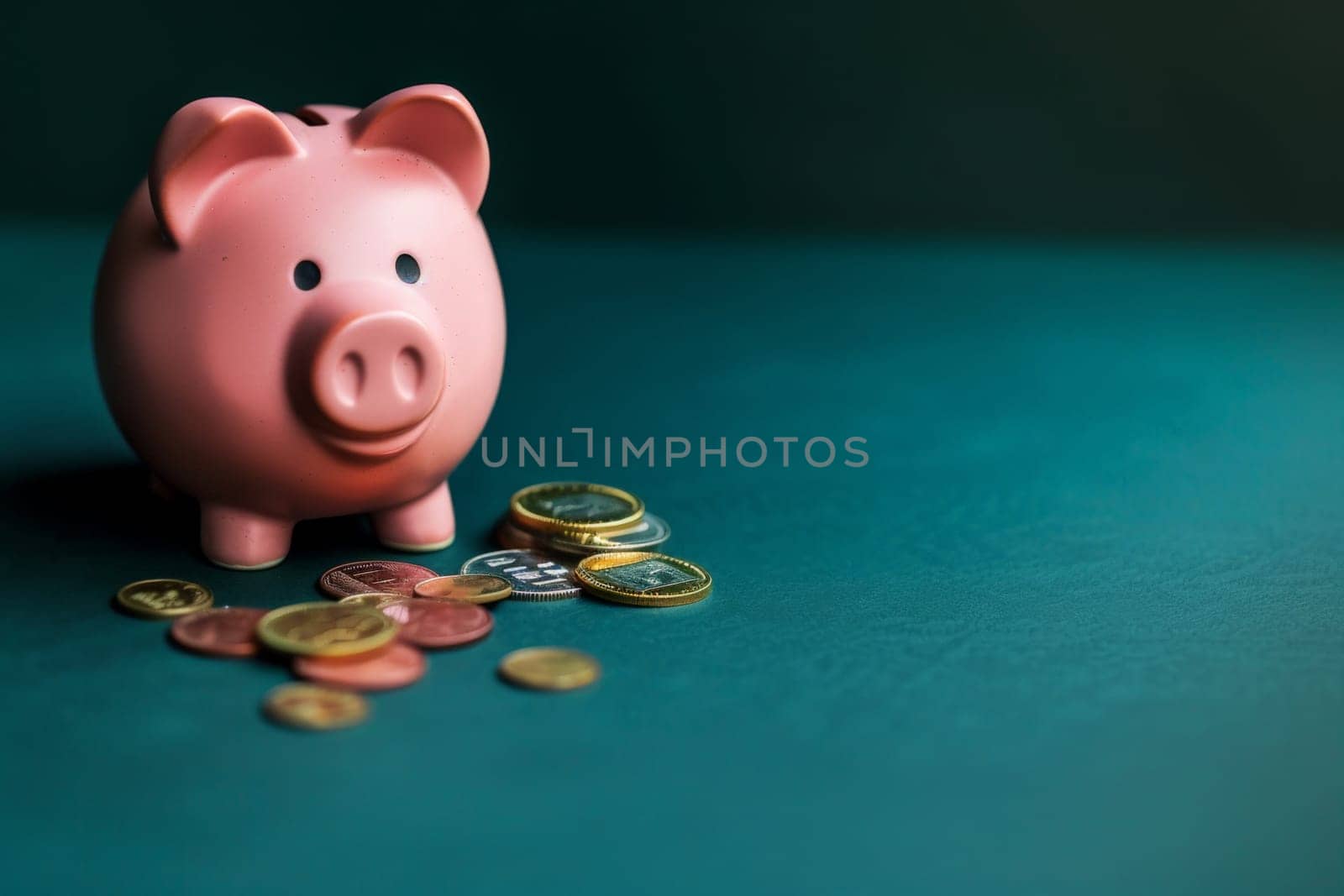 pink piggy bank and a few gold coins on pastel dark green background, saving concept.