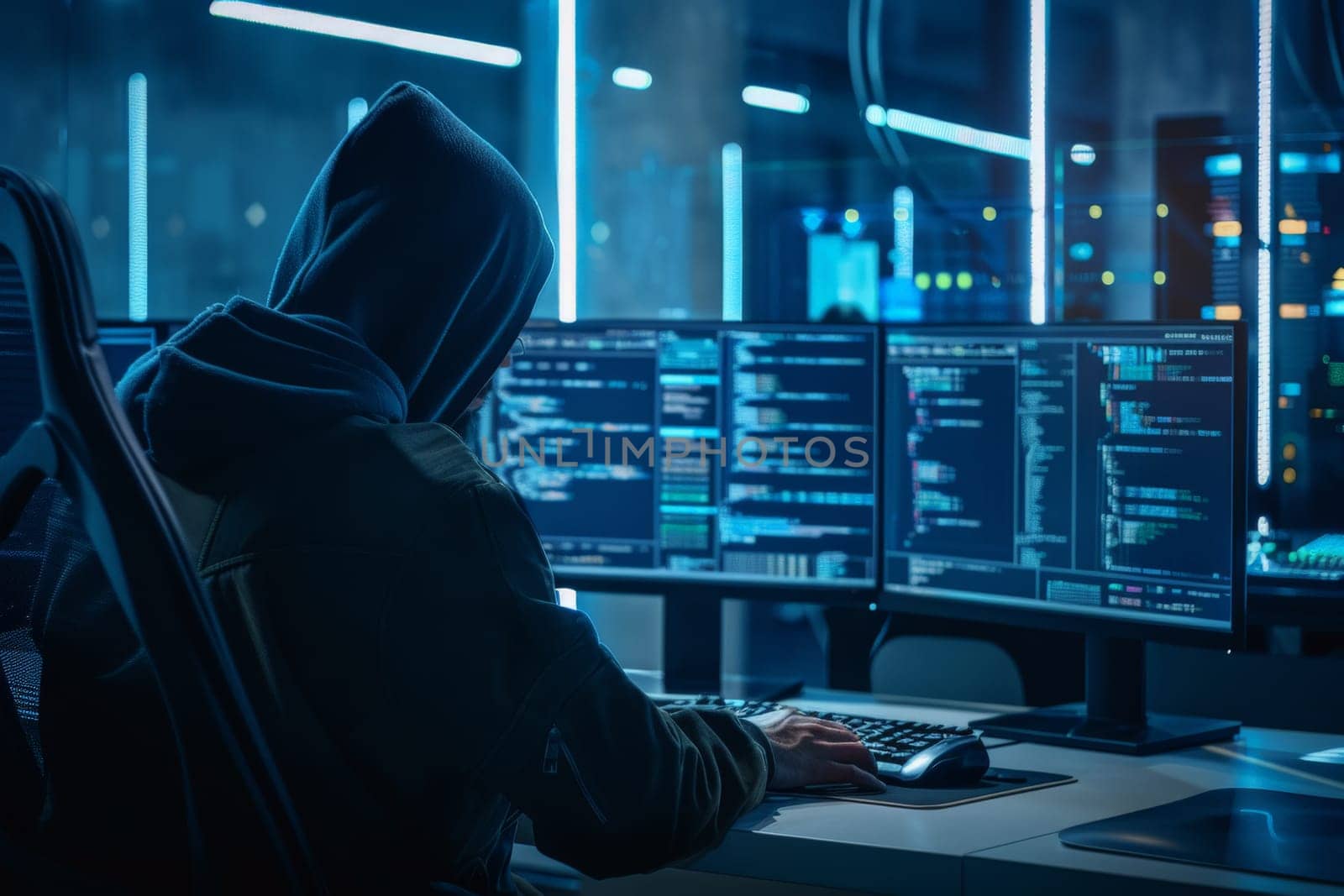 cybersecurity and hacker, Computer hacker in mask and hoodie over abstract binary background.