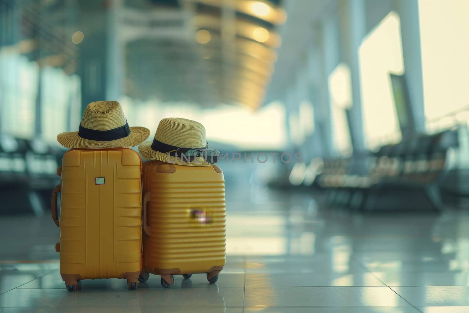 Suitcase and hat in airport terminal waiting area hall, travel concept, summer vacation.