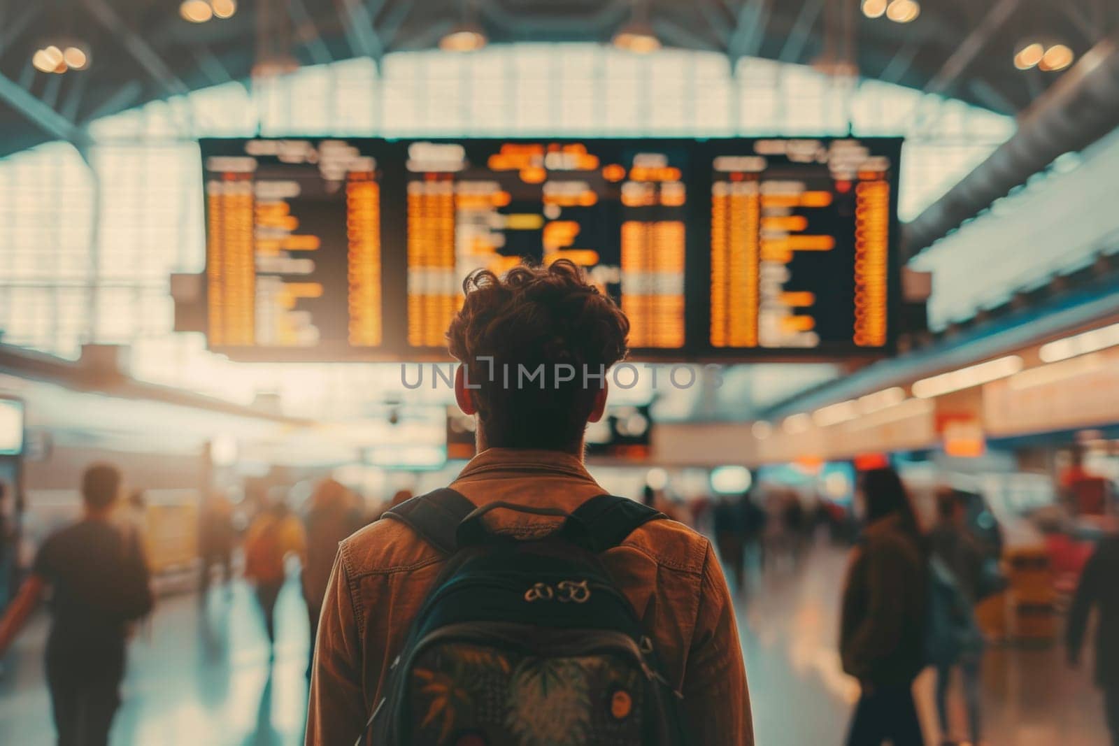 Confused traveler looking at flight information board in a crowded airport terminal, travel trip.