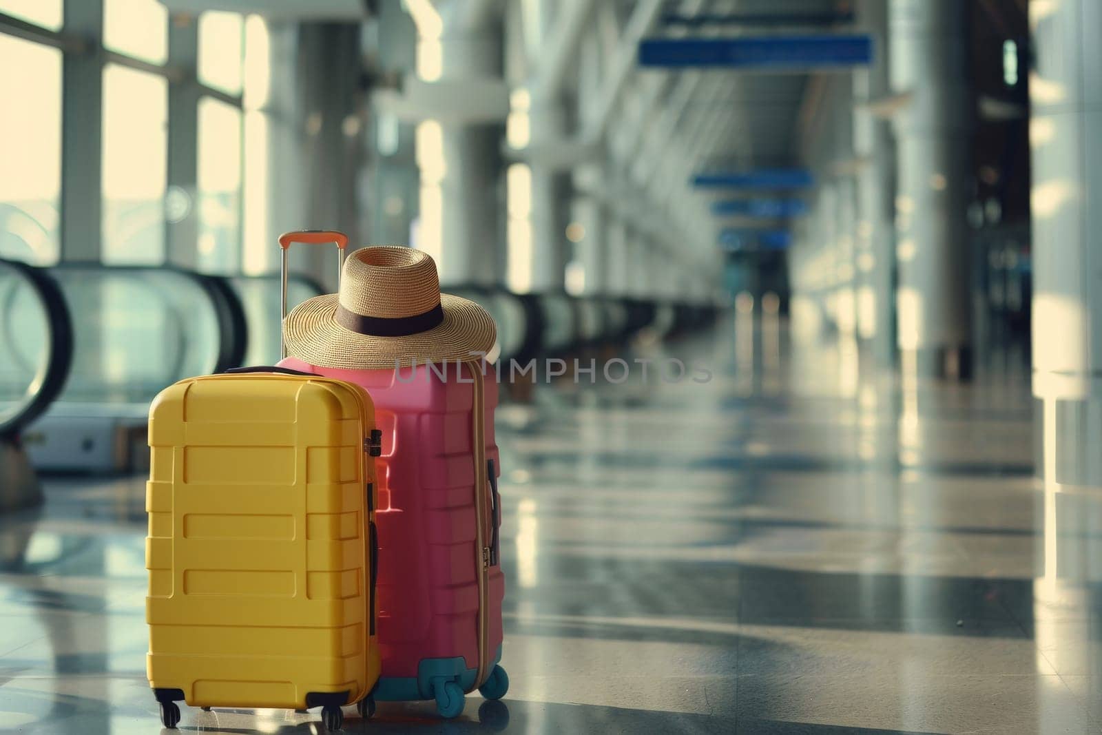 Suitcase and hat in airport terminal waiting area hall, travel concept, summer vacation.