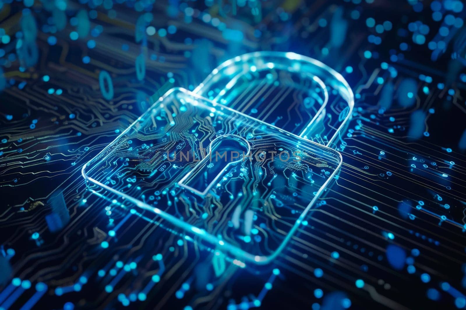 Cyber security, Digital data security padlock on abstract circuit board, network and data protection.