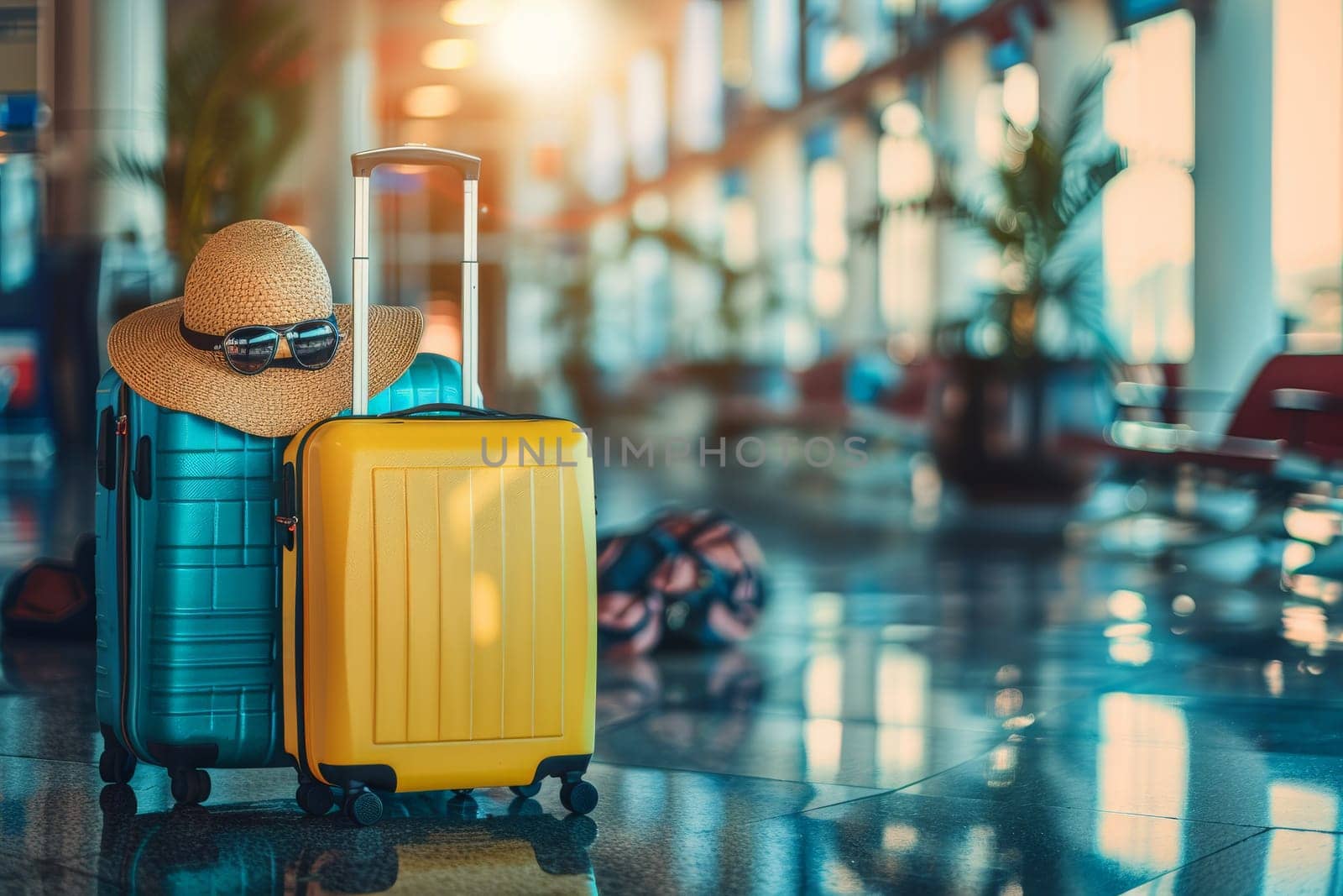 Suitcase and hat in airport terminal waiting area hall, travel concept, summer vacation.