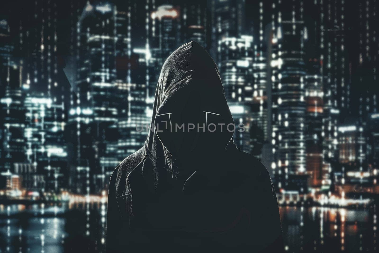 cybersecurity and hacker, Computer hacker in mask and hoodie over abstract binary background by nijieimu