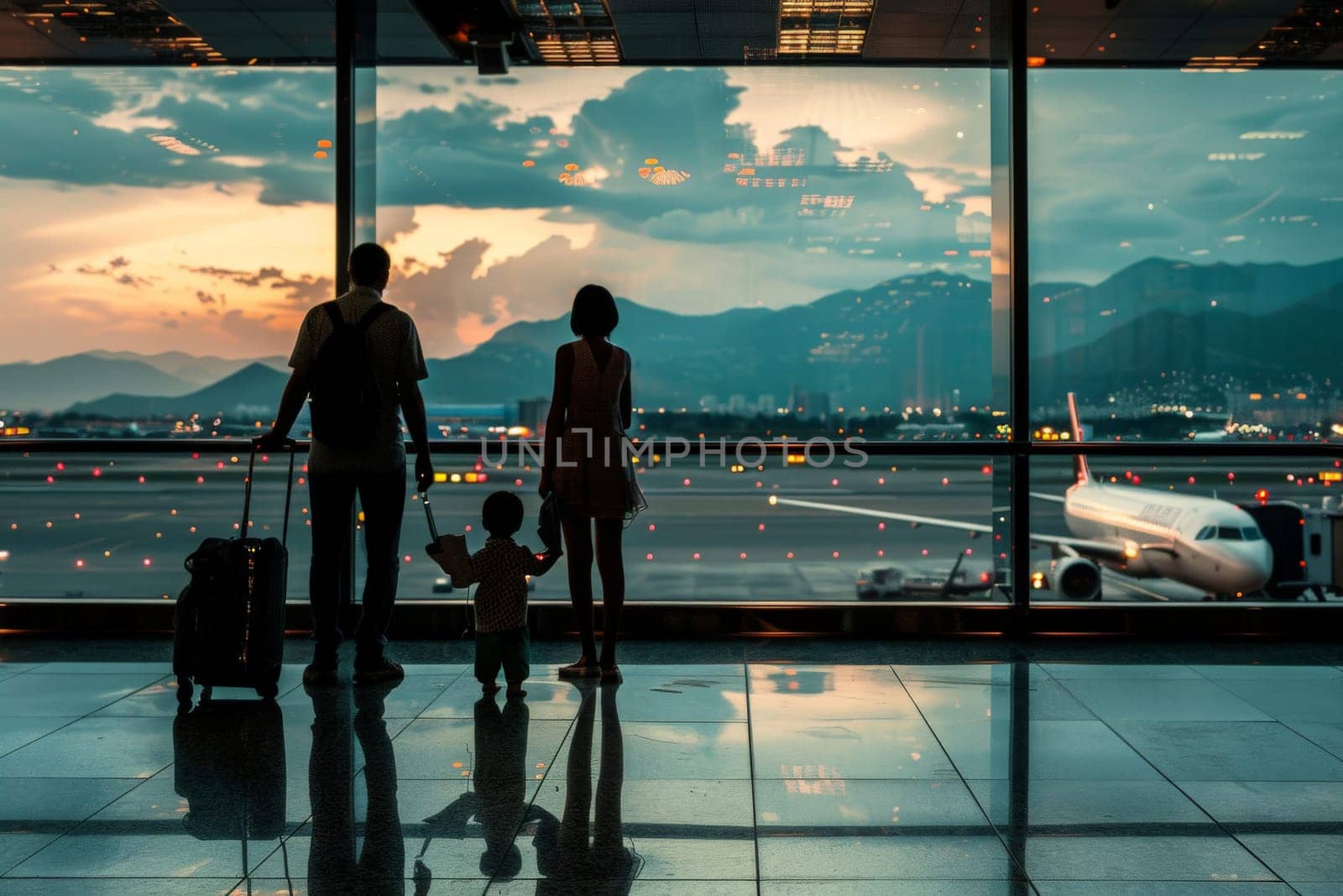 Family Travel trip, silhouette figures of family members inside an airport terminal.