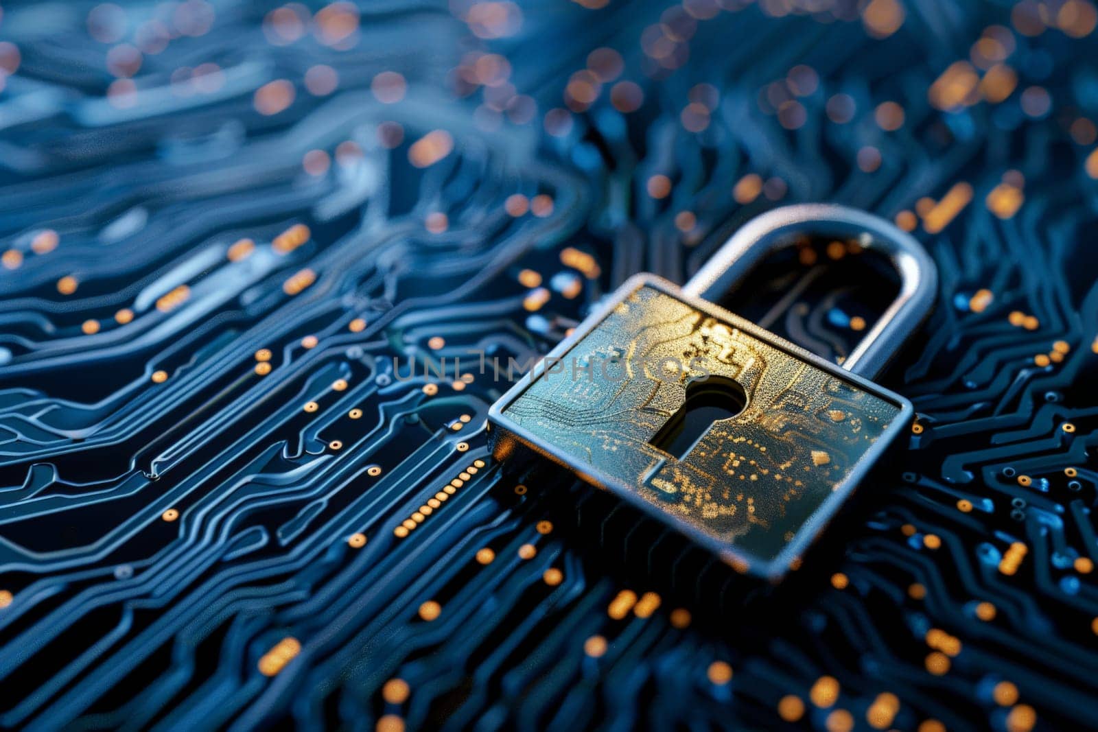 Cyber security, Digital data security padlock on abstract circuit board, network and data protection.