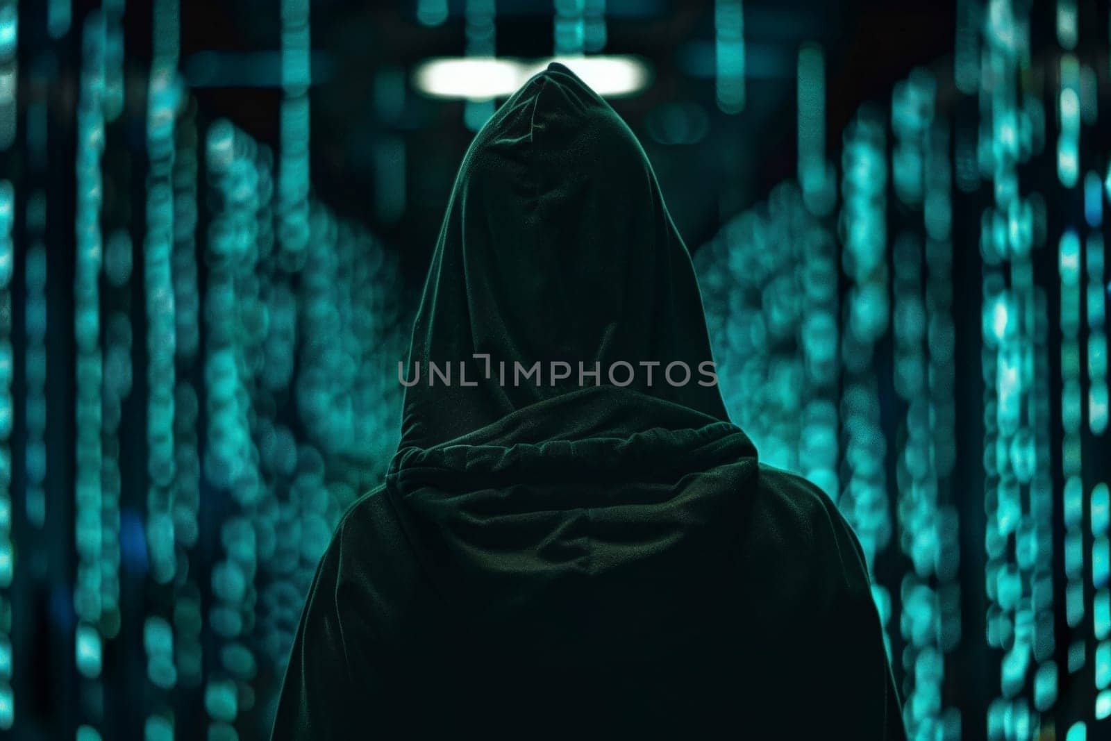 cybersecurity and hacker, Computer hacker in mask and hoodie over abstract binary background.