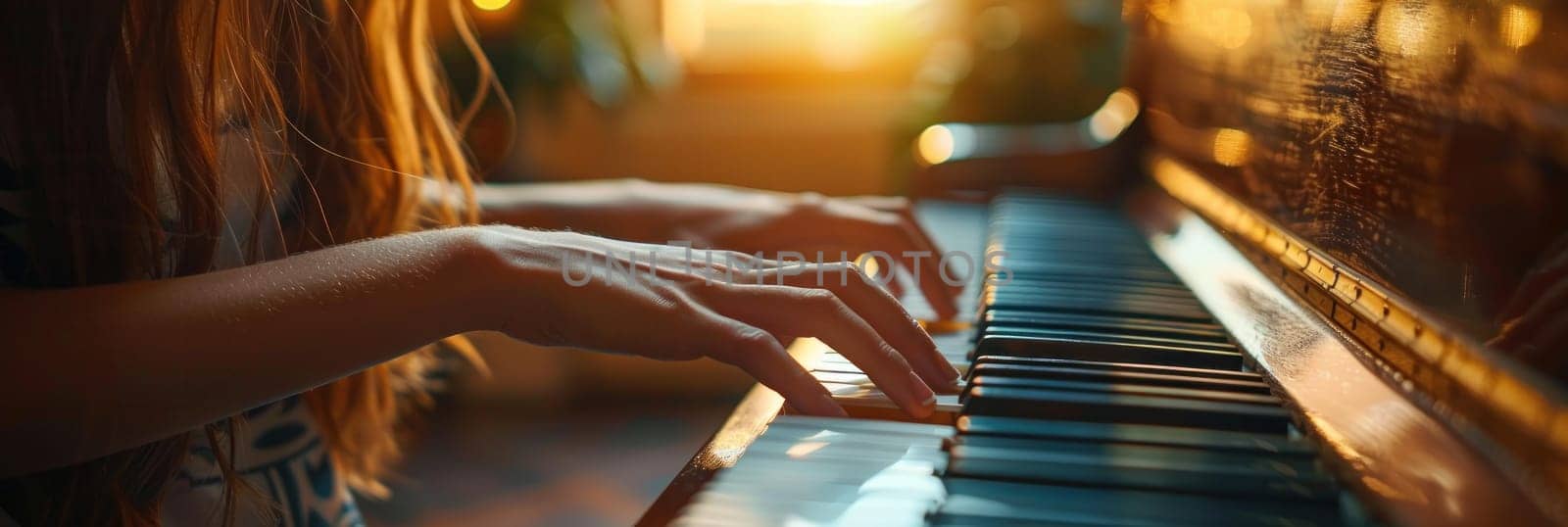 A woman is playing a piano with her hands.