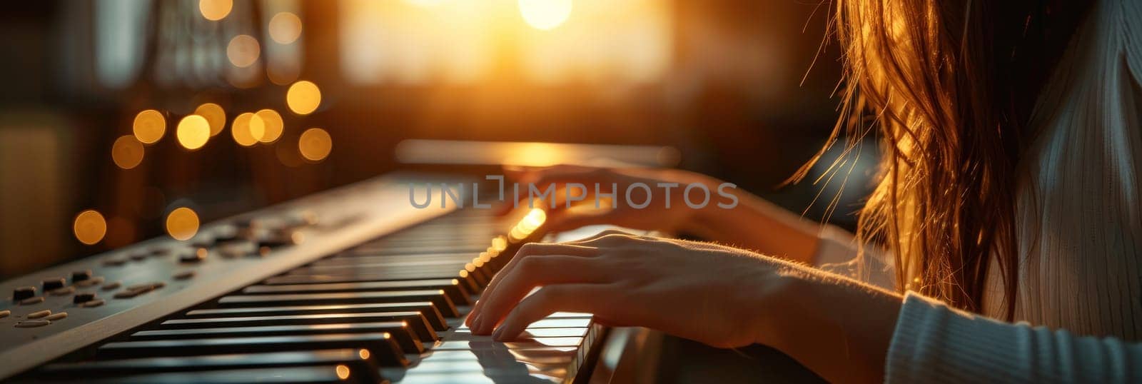 A woman is playing a piano with her hands.