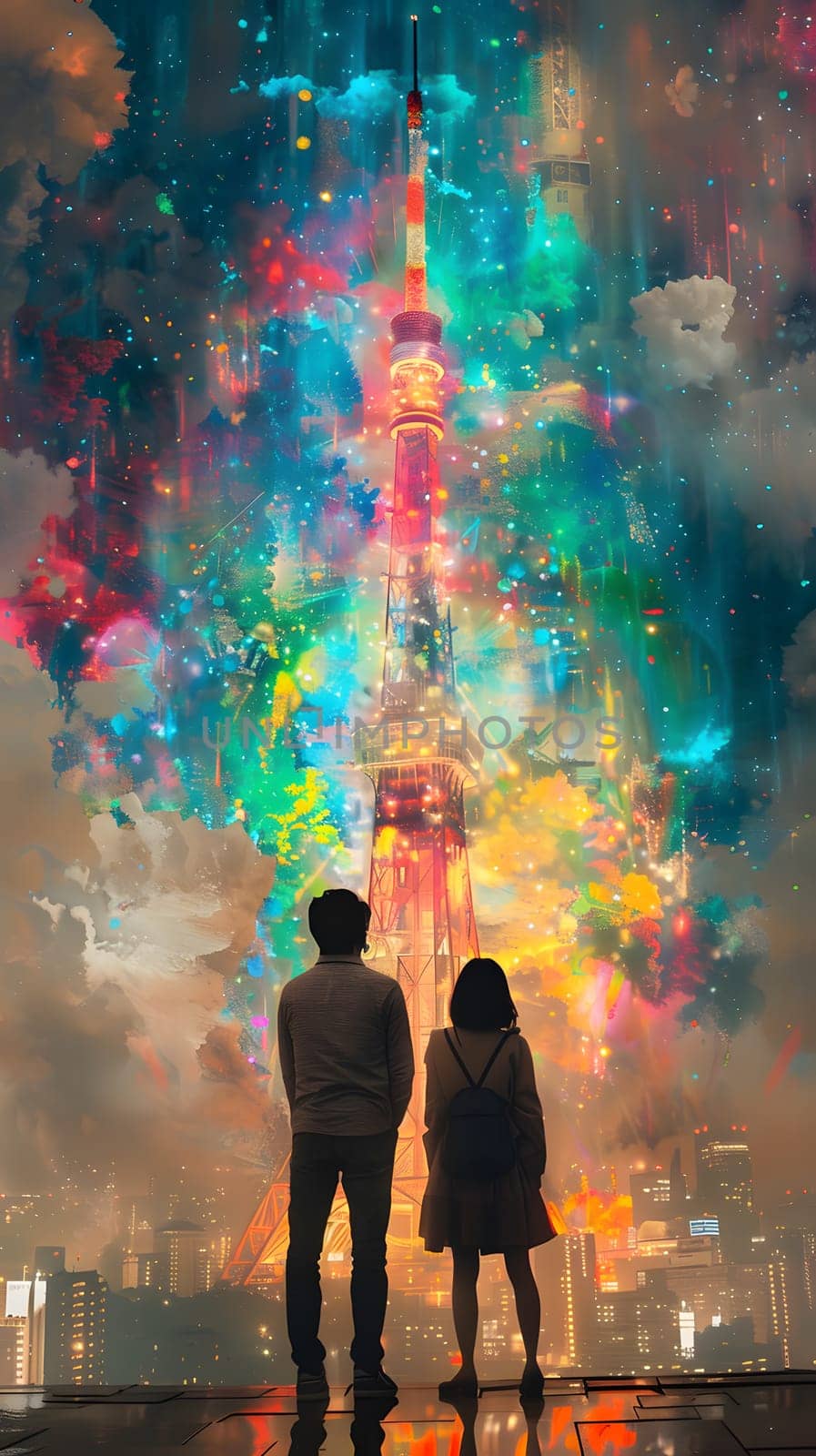 A man and a woman admire a colorful painting of a tower in the world of visual arts, surrounded by tints and shades. They look happy and fascinated by the art display
