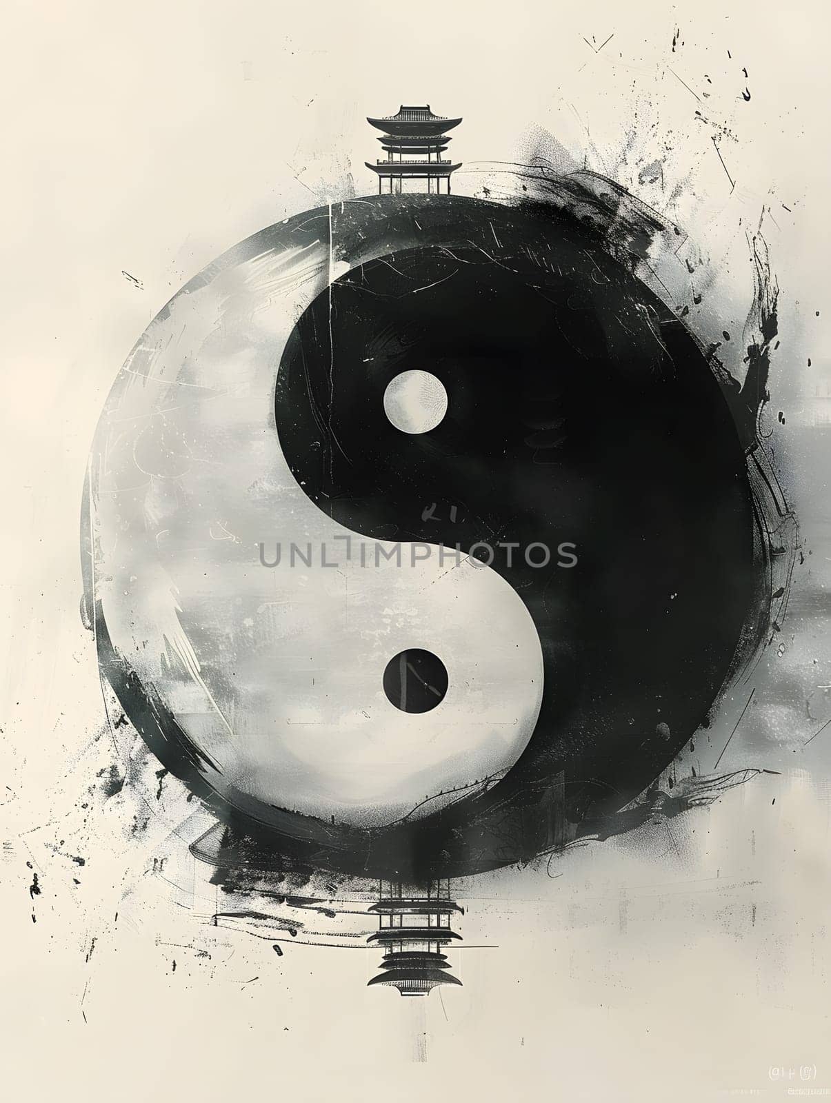 a black and white painting of a yin yang symbol with a temple in the background by Nadtochiy