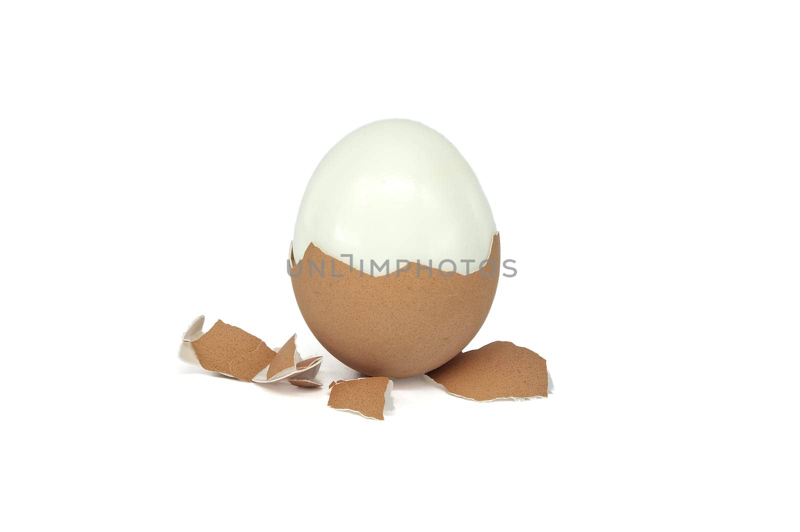 Egg, mostly peeled, against a white background by NetPix