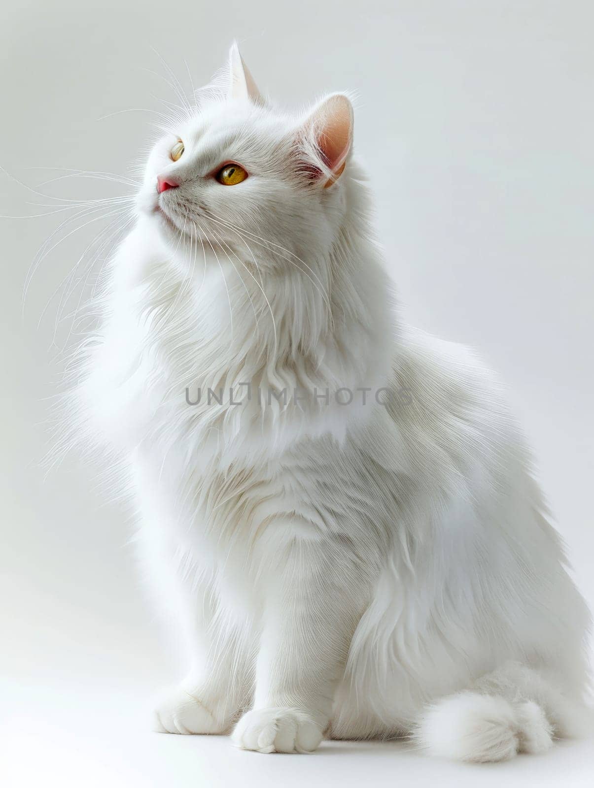 white cat sitting on the ground , transparent white background .AI generative by matamnad