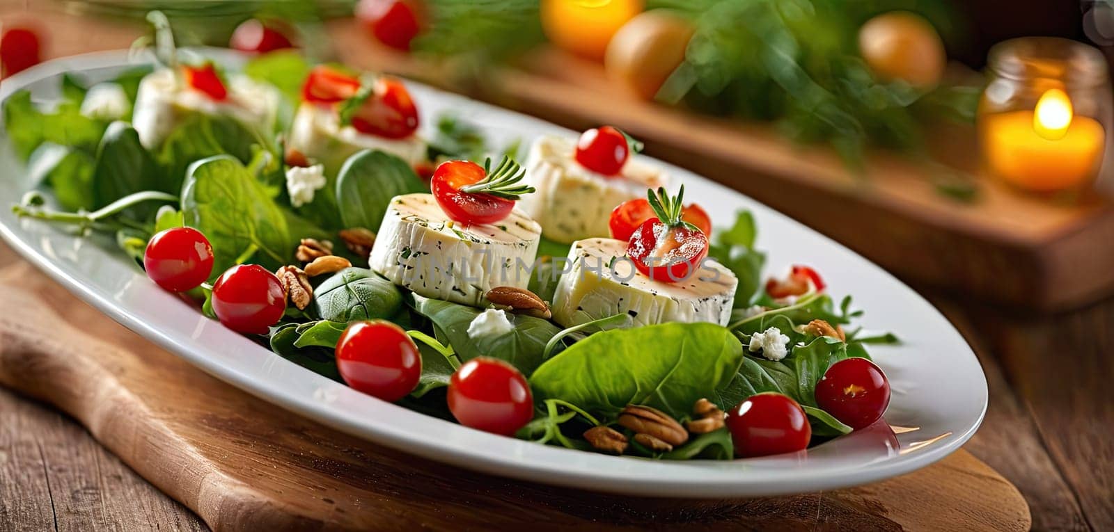 Goat cheese salad wit tomatoes on rustic wooden table. Fresh greens mingle with cheese, farm-to-table freshness of organic produce by panophotograph