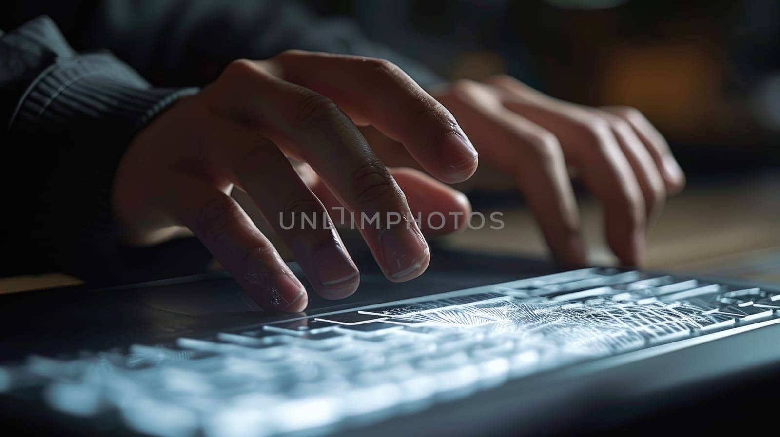 The closeup picture of the hand of single person that has been holding and typing the keyboard on the notebook to writing the document or coding the program alone in the gloomy low light room. AIGX01.