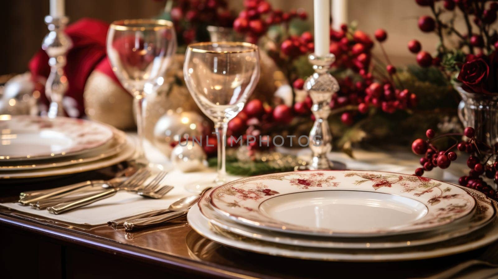 The picture of the luxury dining room that has been prepared for the ceremony, anniversary or just normal business dining that the table fill with silverware, plate, utensil and the wineglass. AIGX01.
