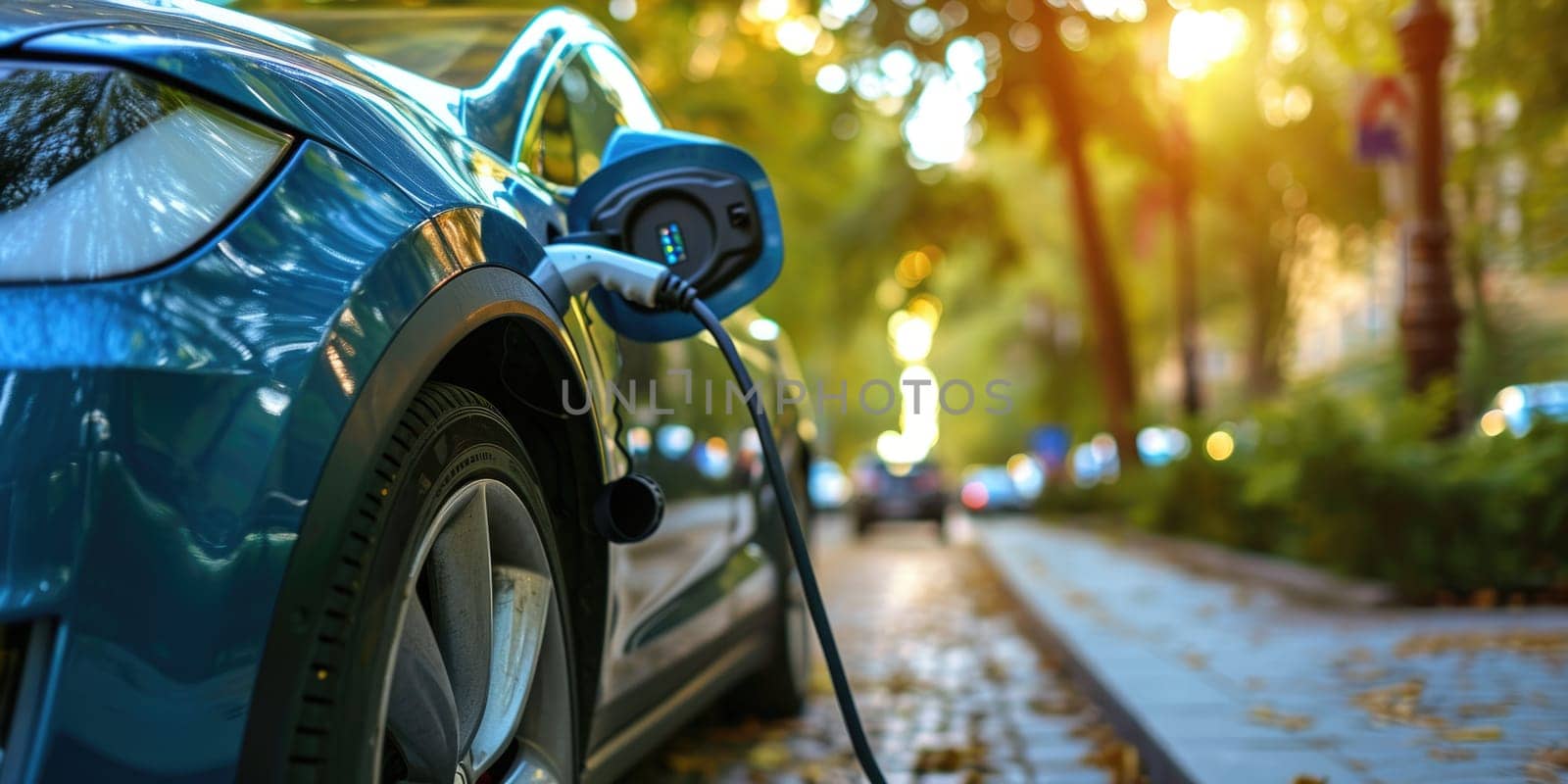 A picture about the electric vehicle that has been charging at the charging station and has been connected with the charger that has been connecting to the electric vehicle to become new tech. AIGX01.