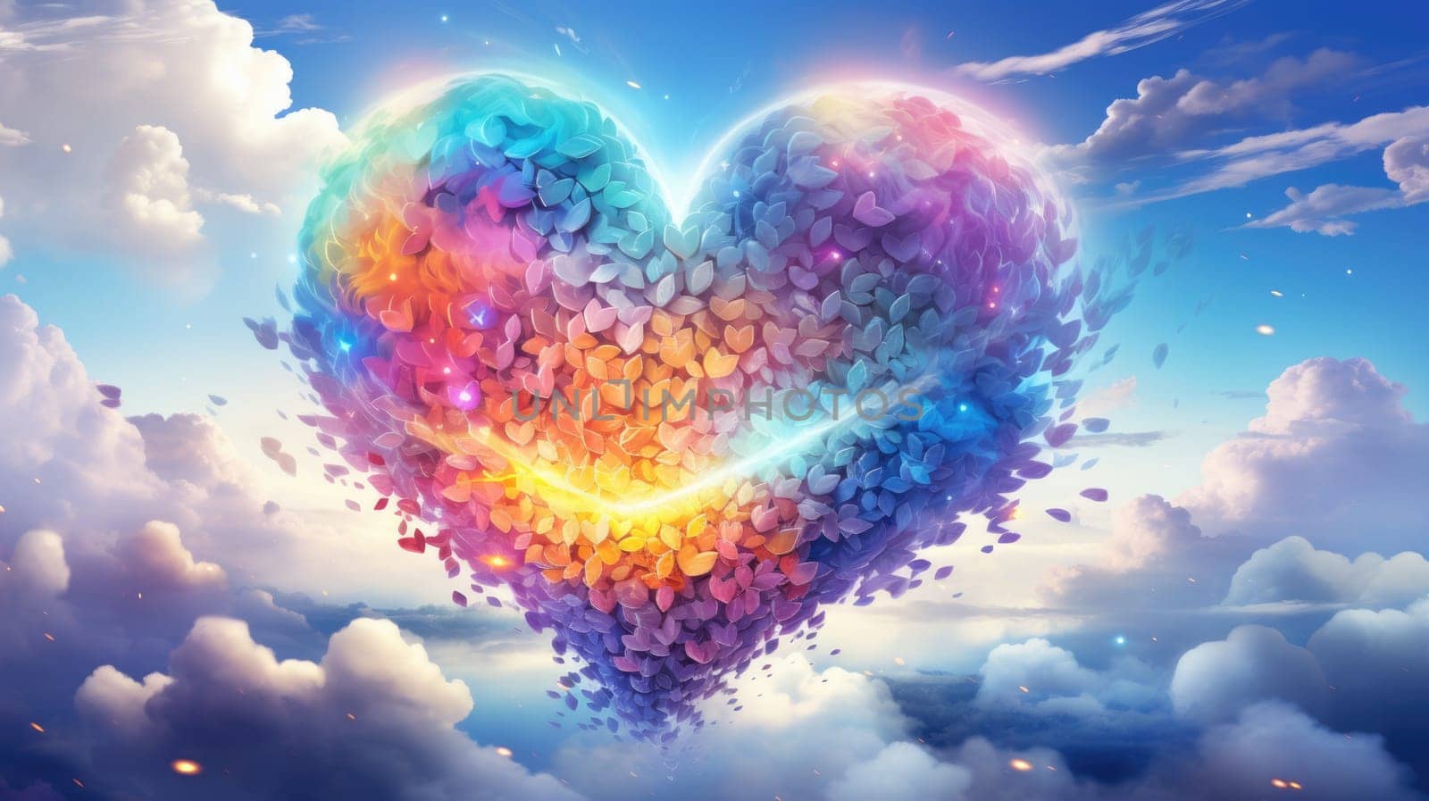 The picture of the colourful heart shape that flying beyond the sea of the cloud and atmosphere that bright and reflect the light by the sunlight of the daytime of summer or spring of year. AIGX01.