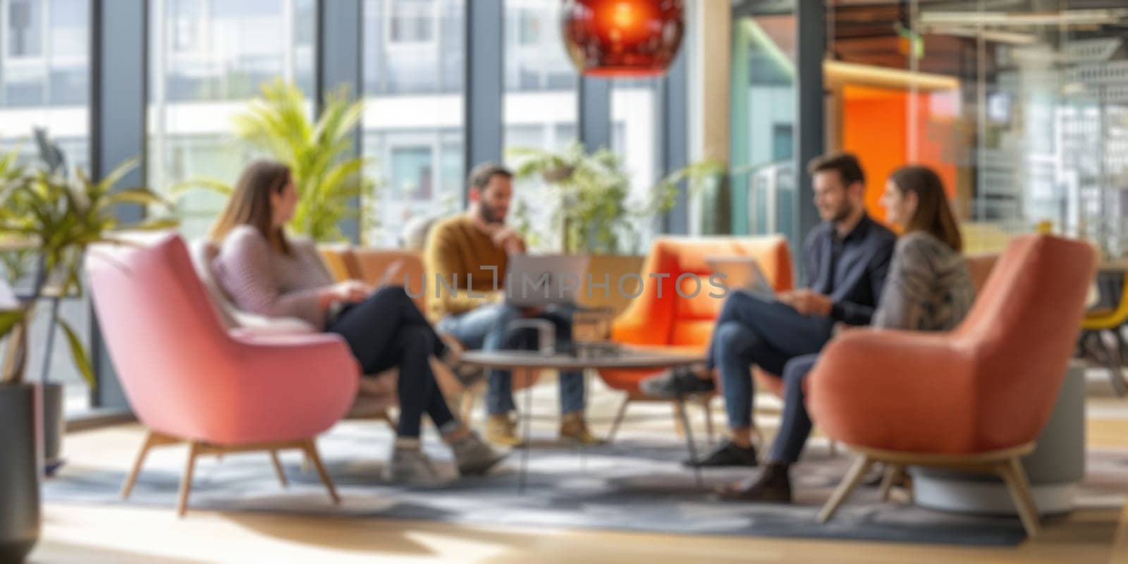 Blurred photo capturing the dynamic atmosphere of a modern open-plan office with people engaged in discussion and work. Resplendent.