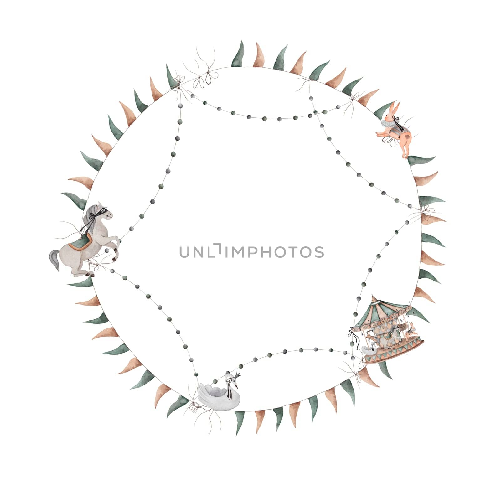 Carousel watercolor. Frame round vintage attraction with horses, swan and bunny. Decorated with flags, garlands. Frame isolated on white background. For the design of children's rooms, textiles and cards. Retro style toy
