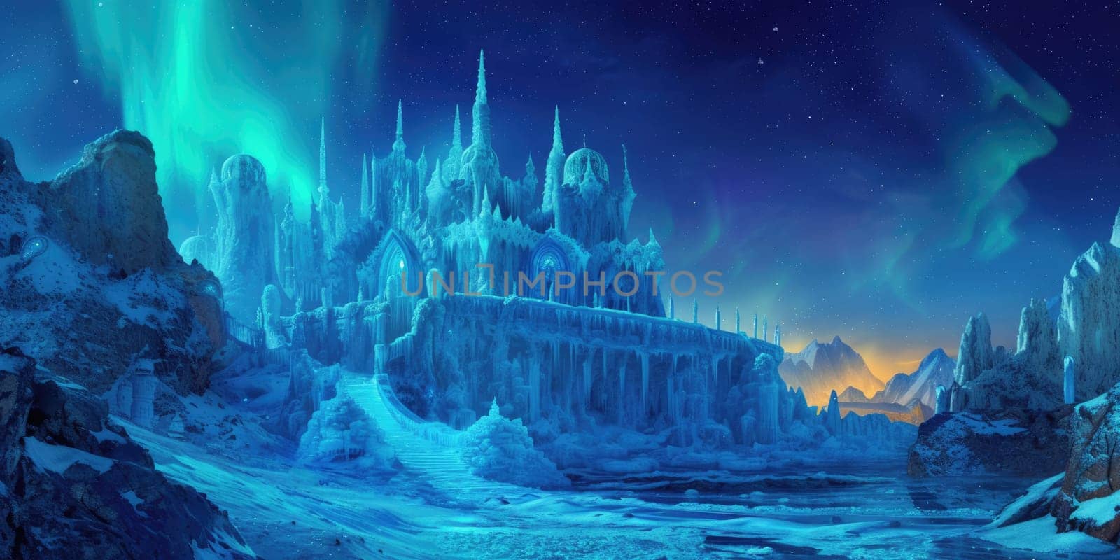 A magical winter wonderland at night, with ice castles. Resplendent. by biancoblue