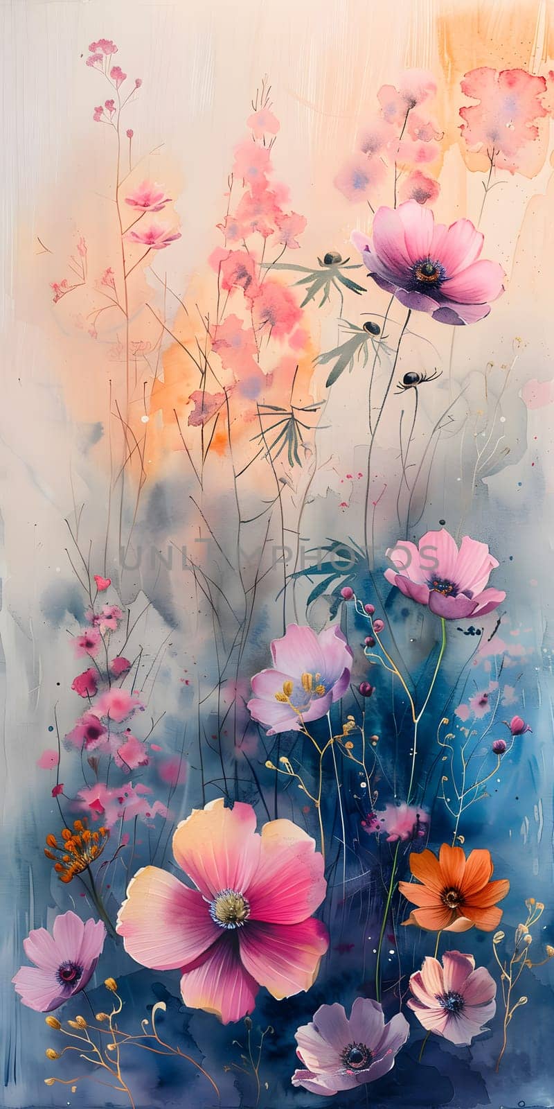 A creative arts painting of pink flowers on a blue background by Nadtochiy