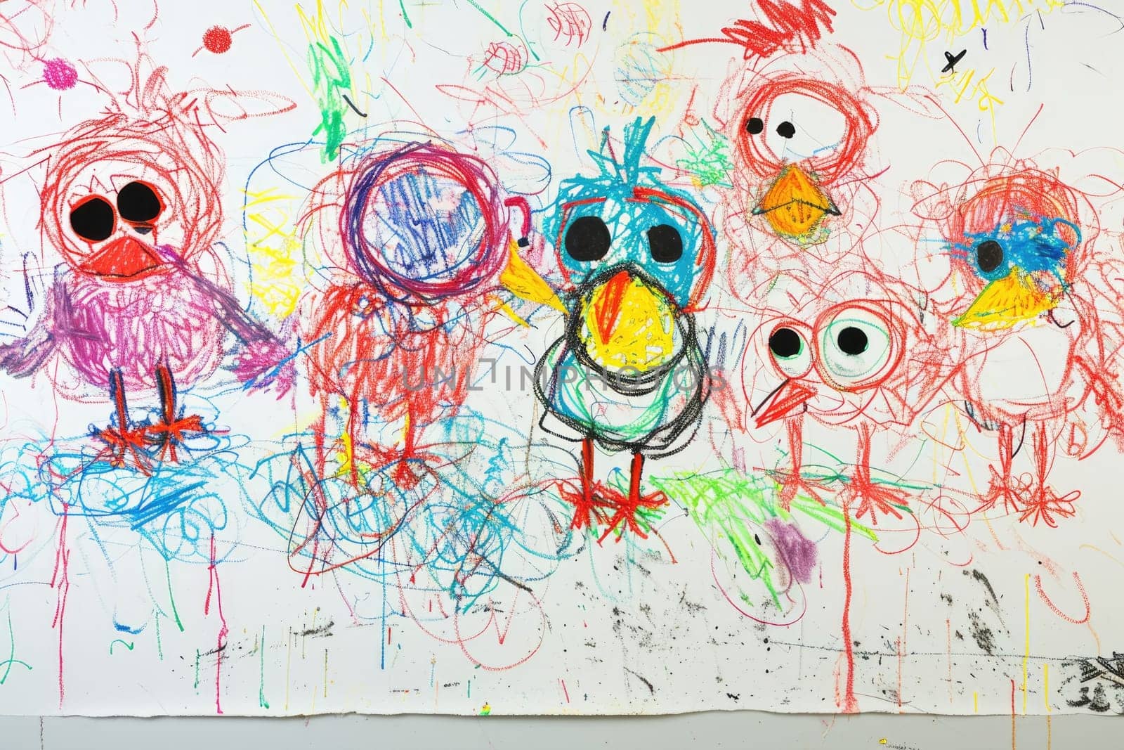 The hand drawing colourful picture of the group of the various type of chicken that has been drawn by the colored pencil or crayon on the white background that seem to be drawn by the child. AIGX01.