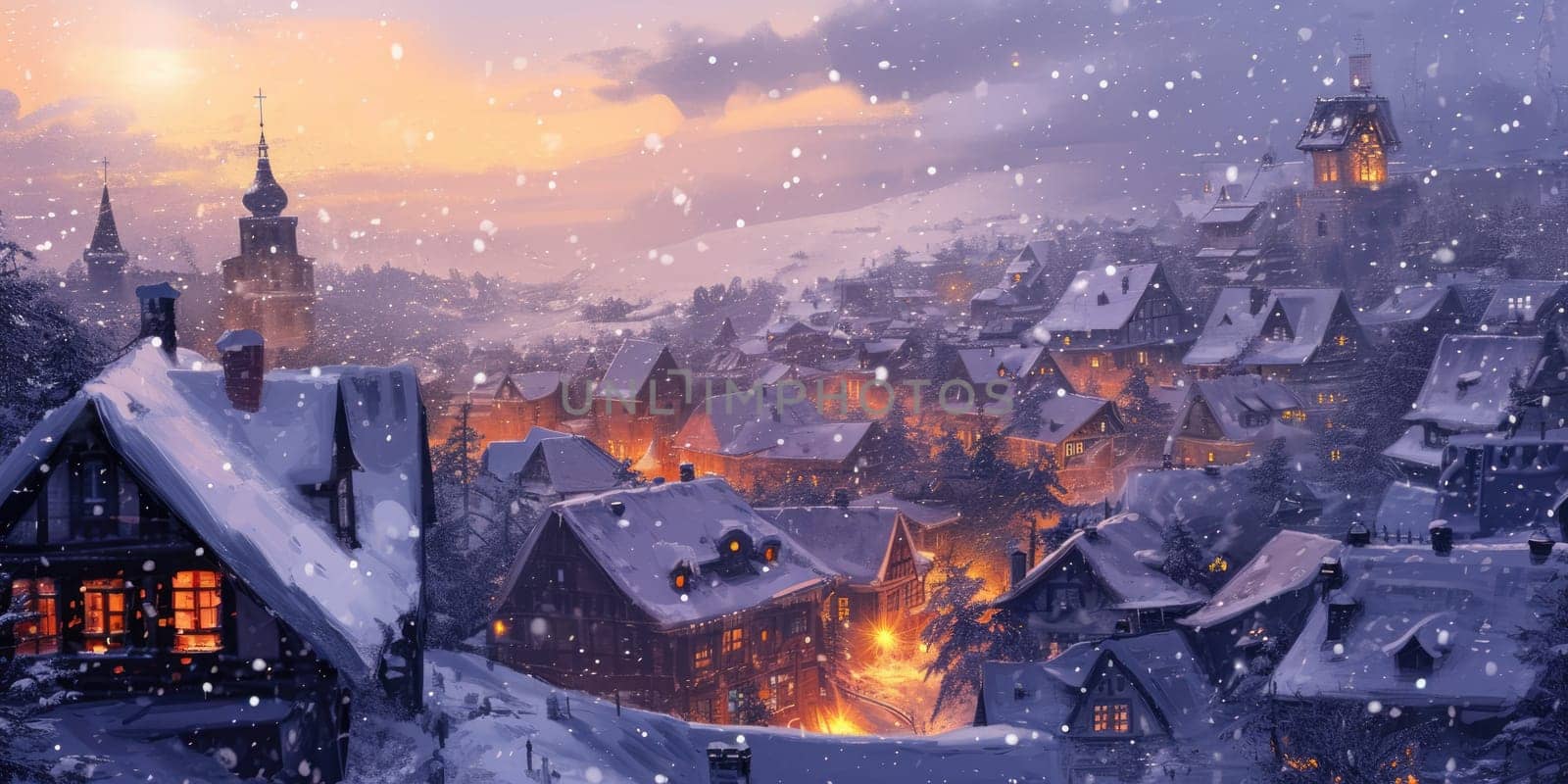 This illustration depicts a magical winter night in a quaint village, with snow-covered rooftops and warmly lit windows inviting a festive spirit. Resplendent.