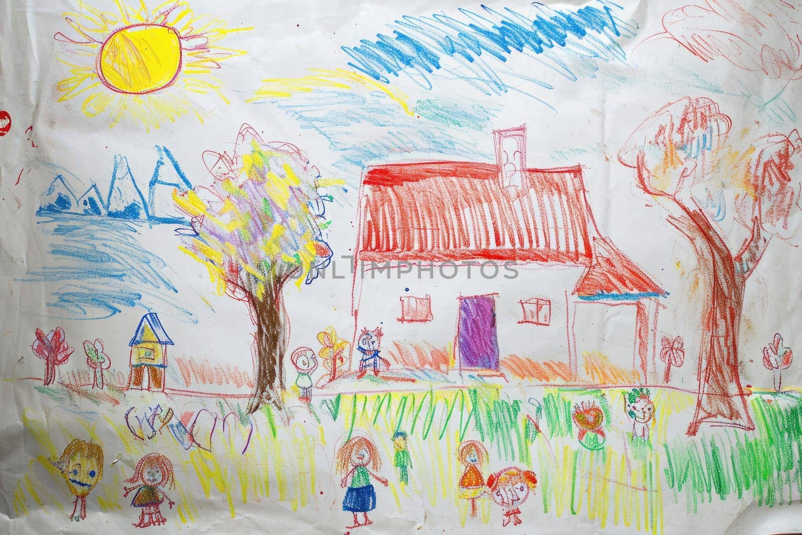 The hand drawing colourful picture of the house that has been drawn by colored pencil, crayon or chalk on the white blank background that seem to be drawn by the child that willing to draw. AIGX01.