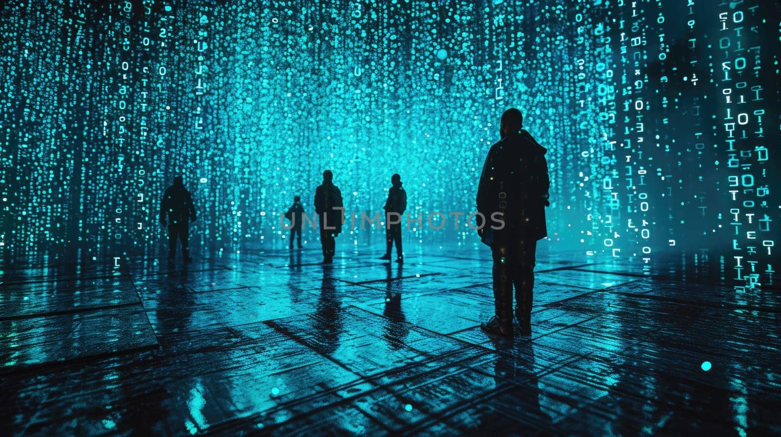 The picture of the group people that has been walking into the endless walkway that has been raining with the digital matrix green binary rain of code that seem like people search something. AIGX01.