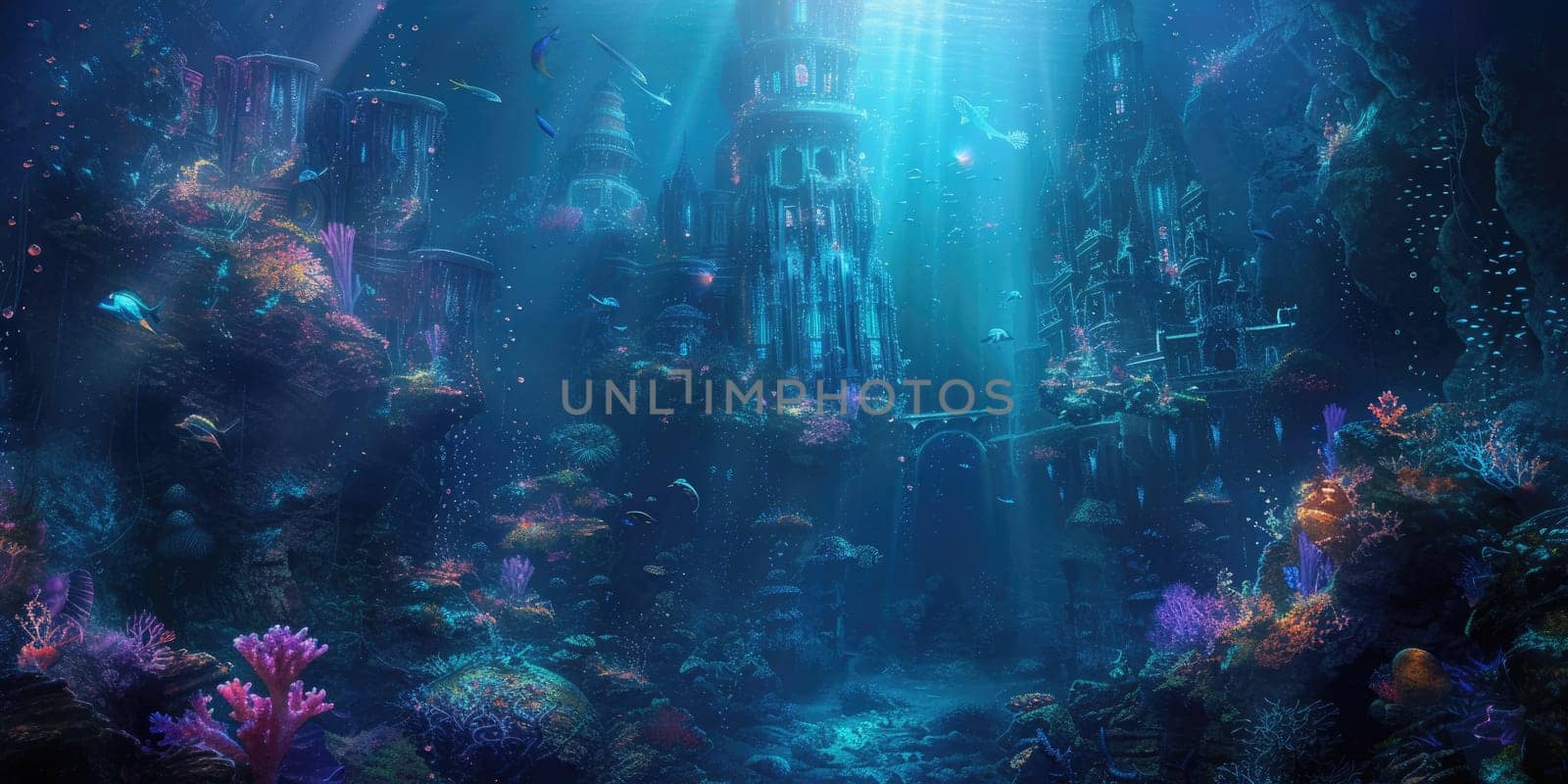 An underwater city with bioluminescent coral, schools of colorful fish, and ancient ruins, all illuminated by the eerie glow of an underwater volcano. Resplendent.