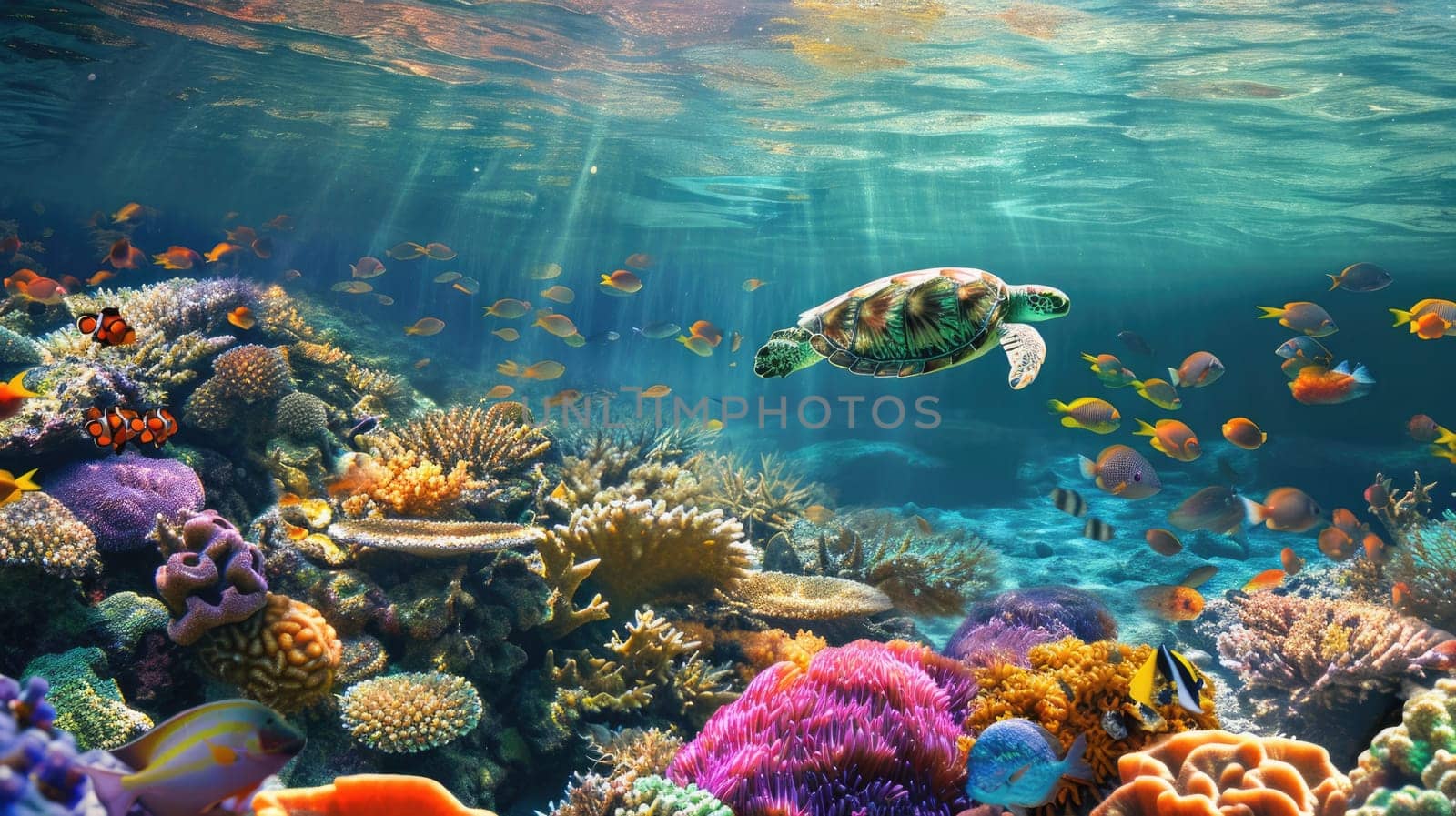 A sea turtle glides through the clear blue waters of a coral reef teeming with colorful marine life and diverse coral formations. Resplendent.