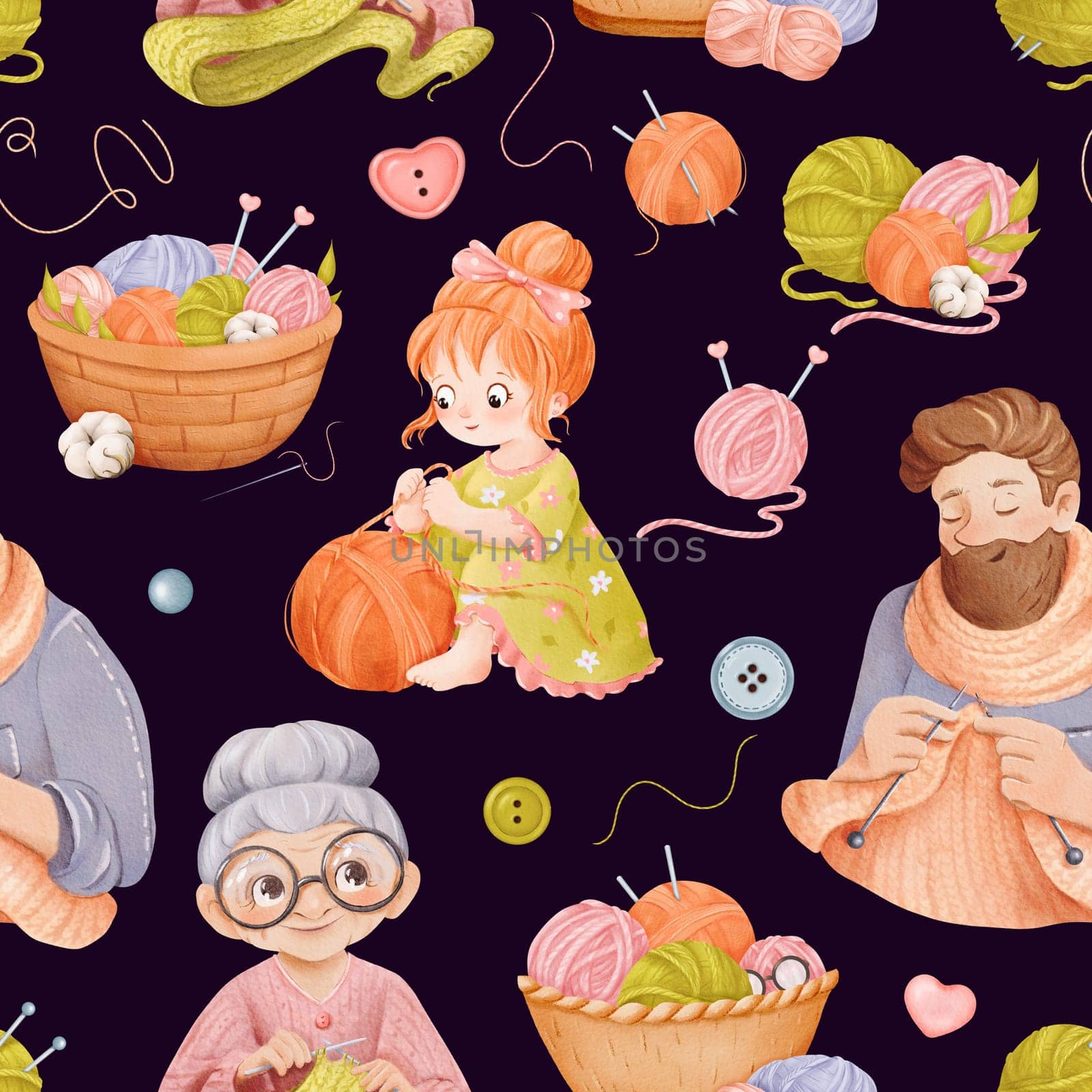 A seamless knitting-themed pattern featuring characters engaged in needlework. A grandmother in glasses and a hipster man are knitting scarves, while a girl plays with a ball of yarn. watercolor by Art_Mari_Ka