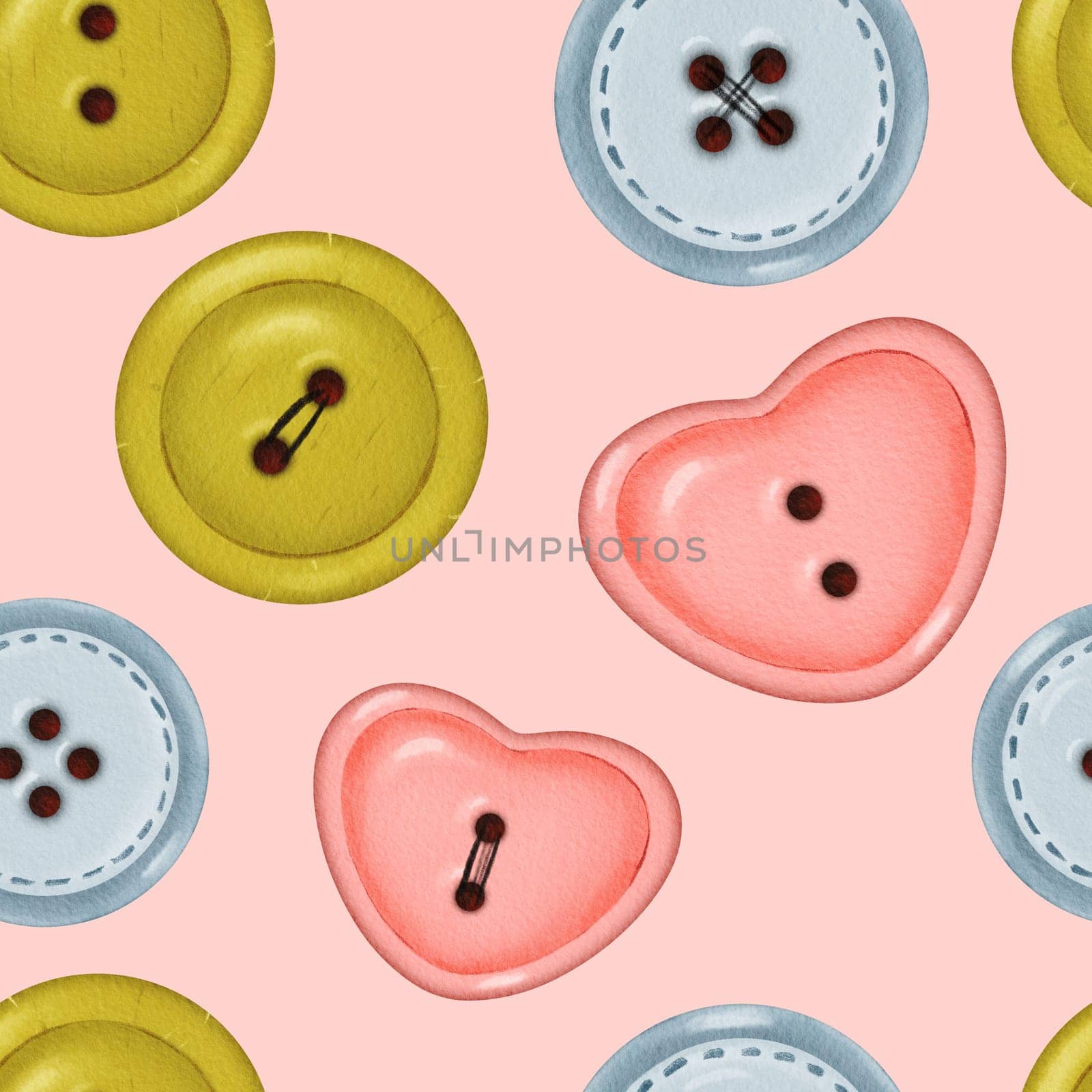Seamless pattern of buttons in various colors on a light pink background. Buttons of different shapes and shades create a unique design. for decorative projects, cards, gift wrapping, and fabric items.