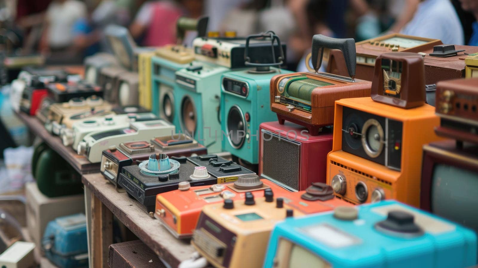 A diverse collection of vintage radios and TVs are displayed on a metal table in a room, sharing the history of engineering and science in the city's building and machine events. AIG41