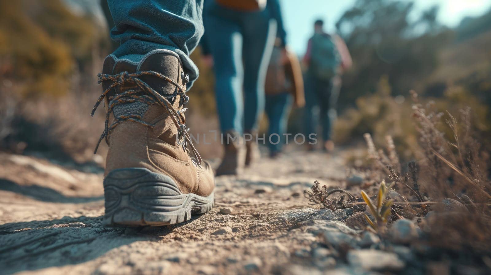 A person with hiking boots explores the natural landscape of a forest, walking along a woodland path. The vibrant electric blue sky complements the lush green scenery. AIG41