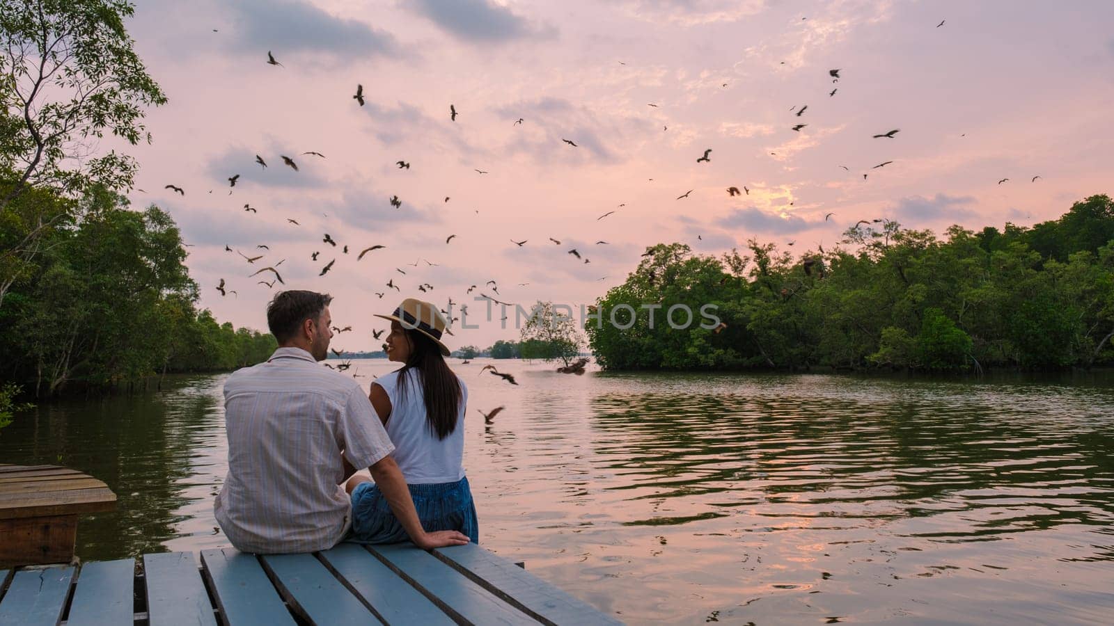 Sea Eagles at sunset in the mangrove of Chantaburi in Thailand, Red backed sea eagle , young couple of men and women watching the sunset on a wooden pier