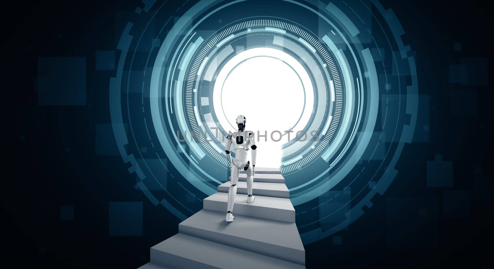 XAI 3d illustration robot humanoid walk up stair to success and goals achievement. Concept of AI thinking brain and machine learning process for the 4th fourth industrial revolution.