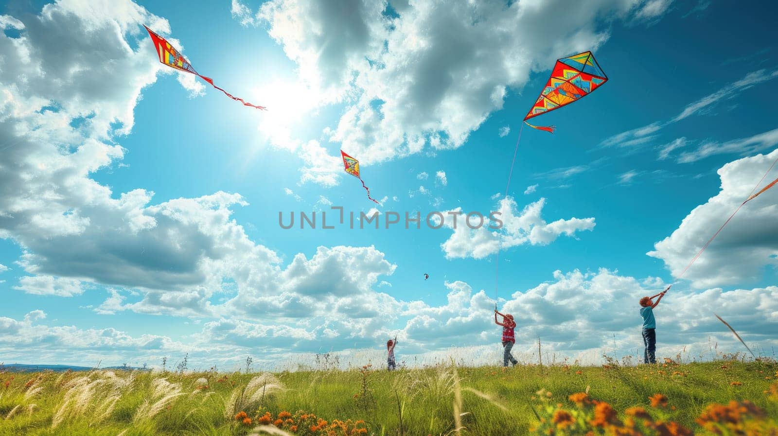 A group of people are flying kites in a grassy field under the azure sky with fluffy cumulus clouds floating in the atmosphere. AIG41