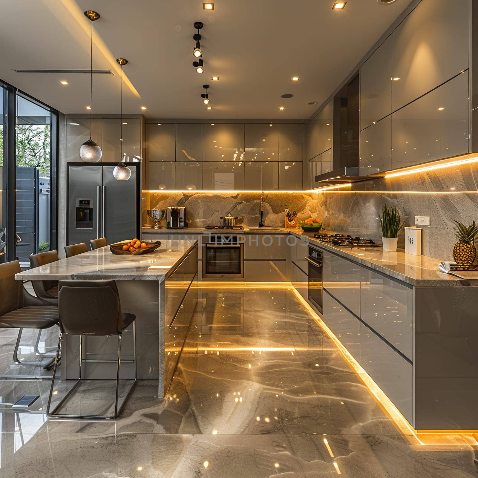 A sleek modern kitchen with state-of-the-art appliances, illustrating interior design.