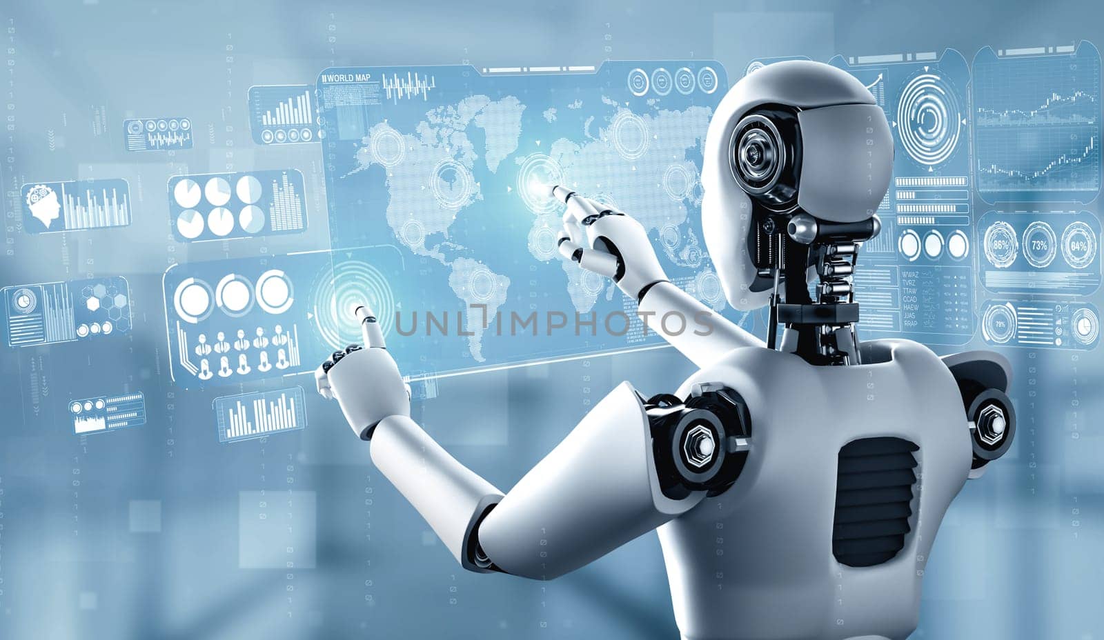 XAI 3d illustration AI humanoid robot touching hologram screen shows concept of global communication network using artificial intelligence thinking by machine learning process. 3D illustration computer graphic.